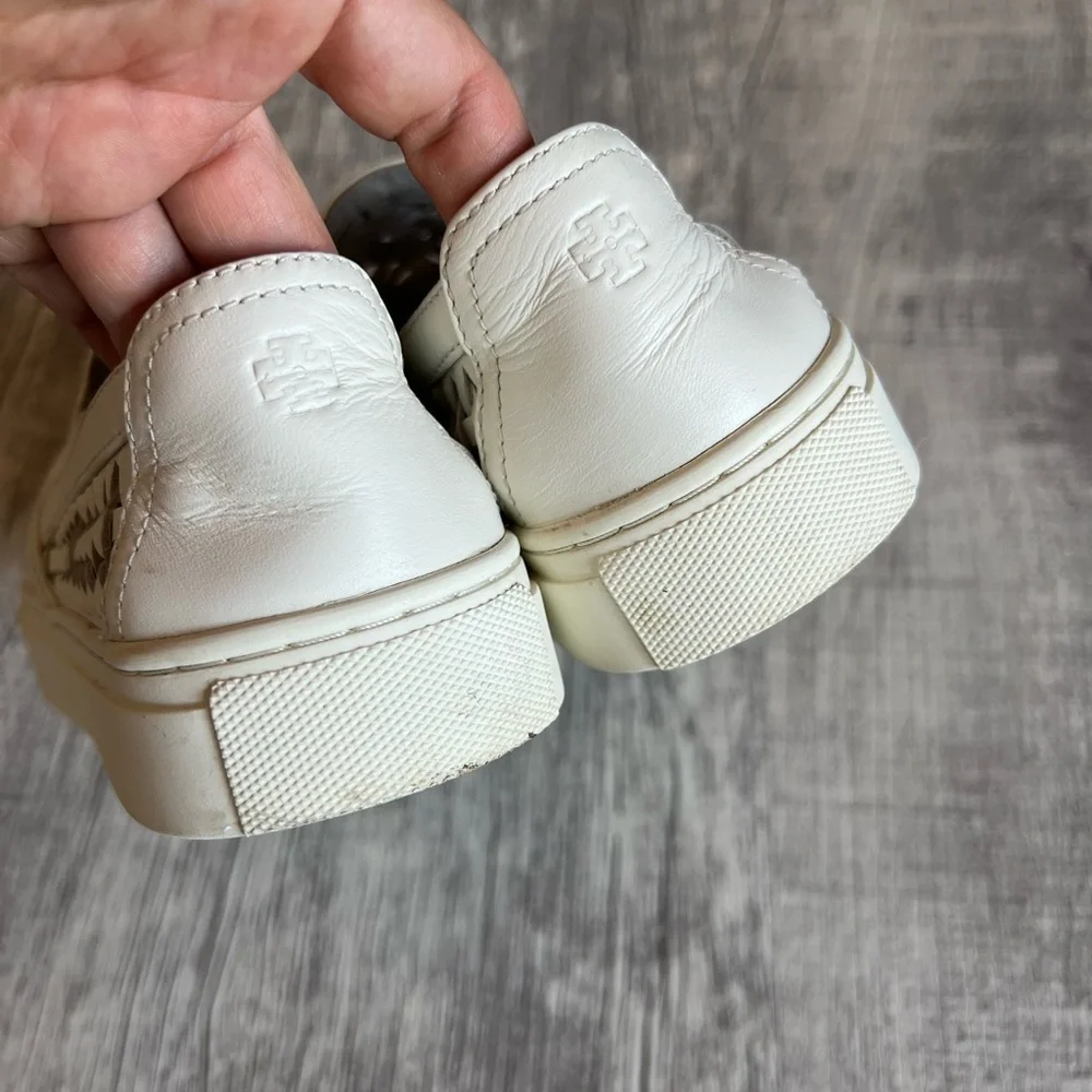 Tory Burch Woven Leather Slip-On Sneakers in Cream Size 5.5